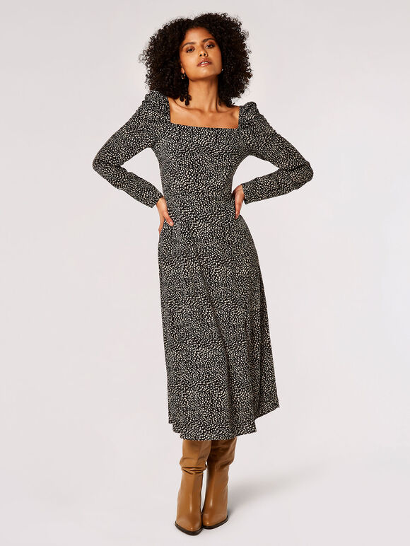 Ruched Milkmaid Midi Dress, Black, large