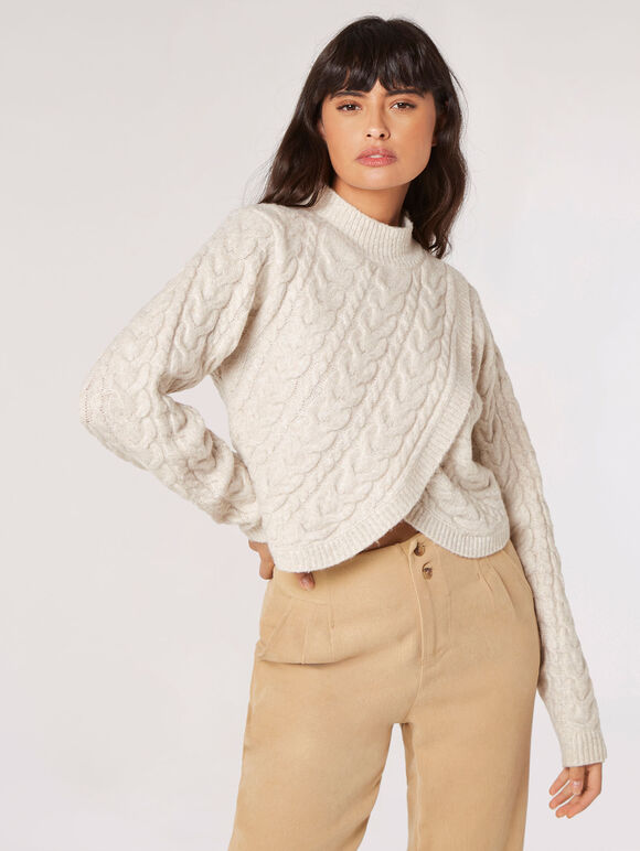 Cable Knit Wrap Jumper, Stone, large