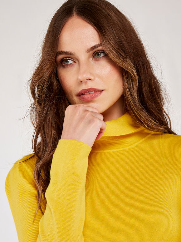 Tiny Rib Roll Neck Jumper, Mustard, large