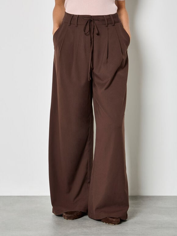 Pleat Detail Wide-Leg Trousers, Brown, large