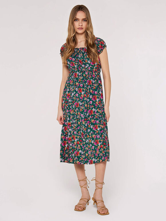 Ditsy Milkmaid Midi Dress, Green, large