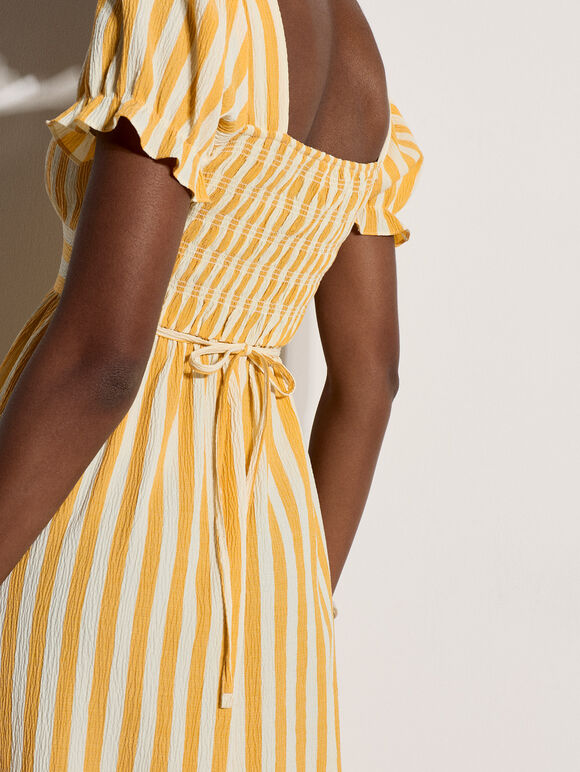 Stripe Milkmaid Midaxi Dress, Yellow, large
