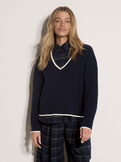 Cable Knit Tipped Cricket Jumper