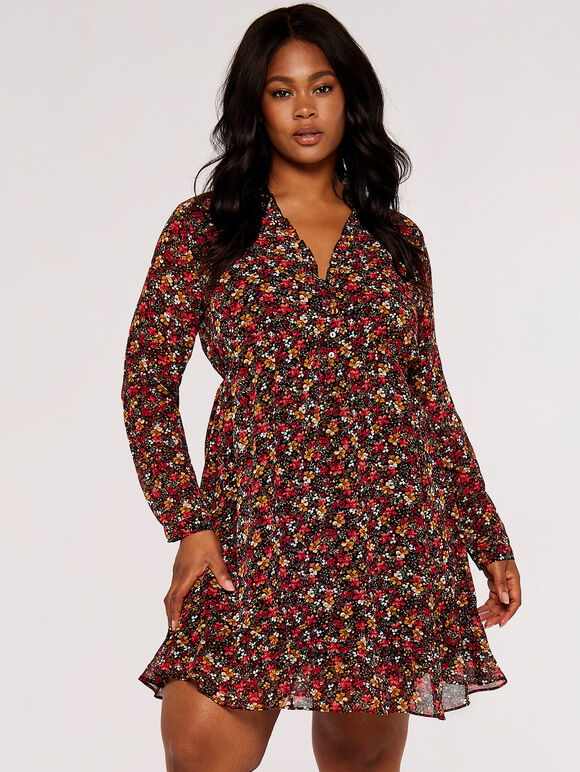 Curve Folk Floral Mini Dress, Orange, large