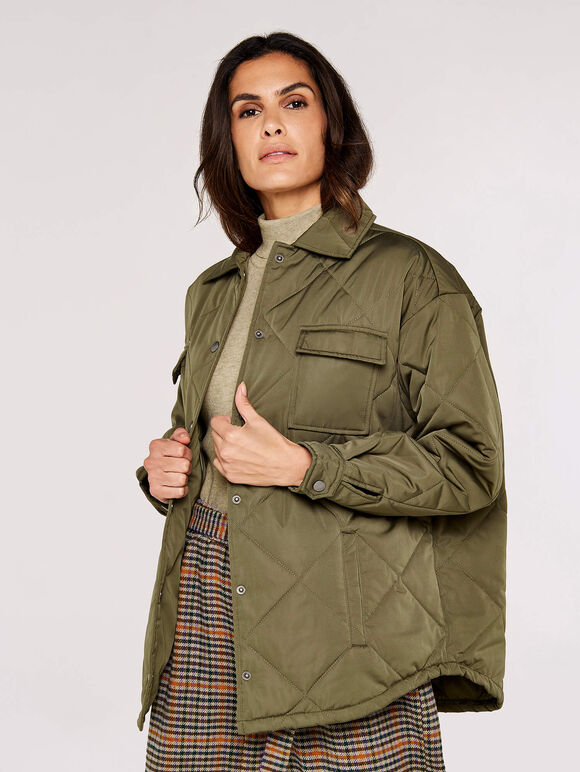 Collared Quilted Jacket, Khaki, large