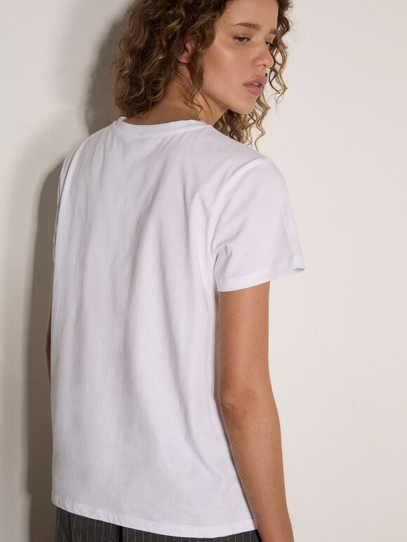 Metallic Bow Print Cotton T-Shirt, Silver, large