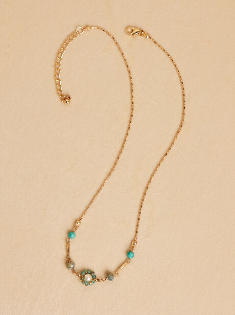 Goldfarbene, türkisfarbene Perlenblumen-Halskette