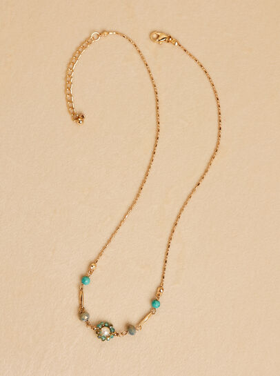 Gold Tone Turquoise Beaded Flower Necklace