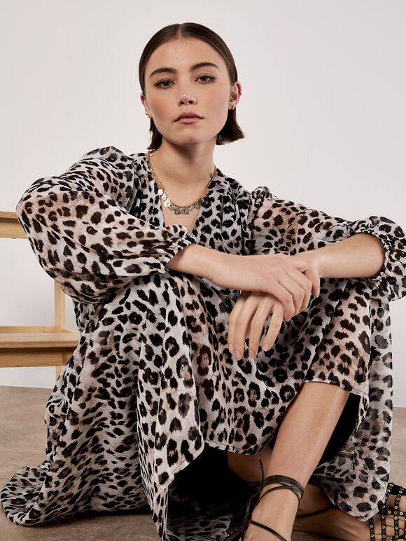 Shimmer Leopard Chiffon Midi Dress, Stone, large