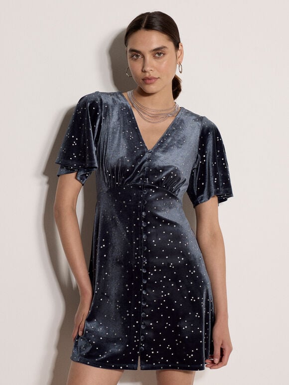 Silver Foil Star Velvet Mini Dress, Dark Grey/Charcoal, large