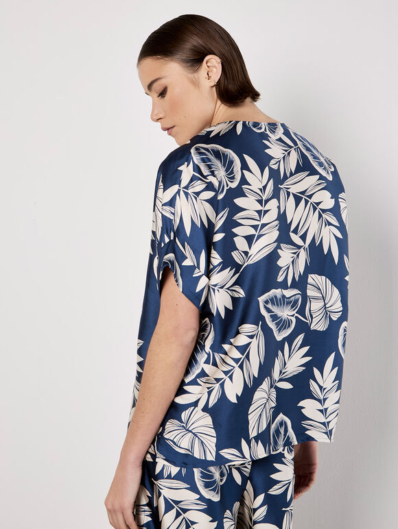 Tropical Leaf Print Satin T-Shirt, Navy, large