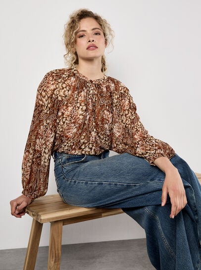 Patchwork Feather Print Chiffon Top