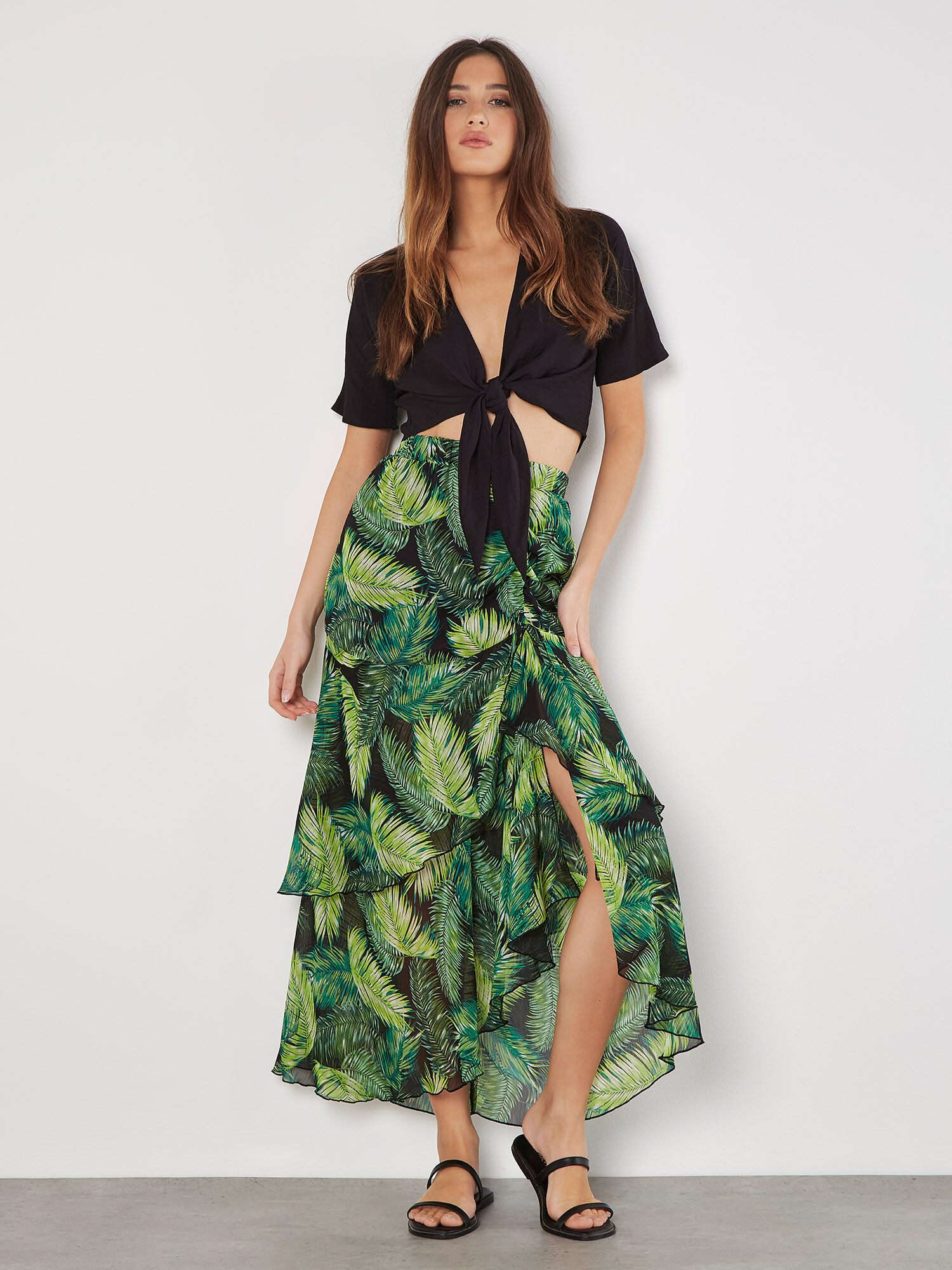 Jupe Longue A Plusieurs Niveaux En Mousseline De Soie A Feuilles Tropicales Vetements Apricot