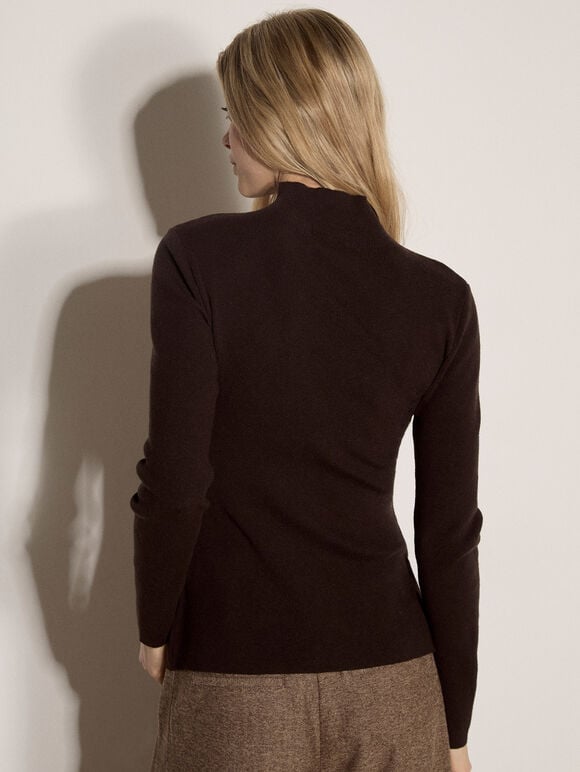 Fine Knit Ruched Cardigan, Brown, large