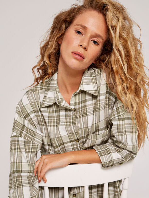 Oversized Check Shirt, Khaki, large