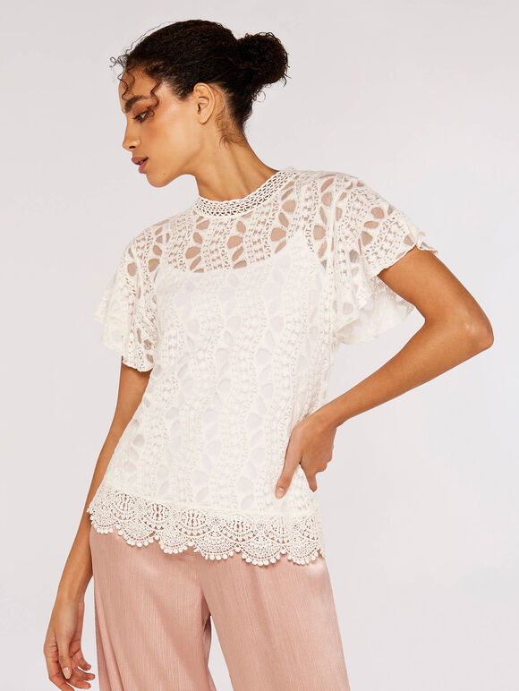 Embroidered High Neck Top, White, large