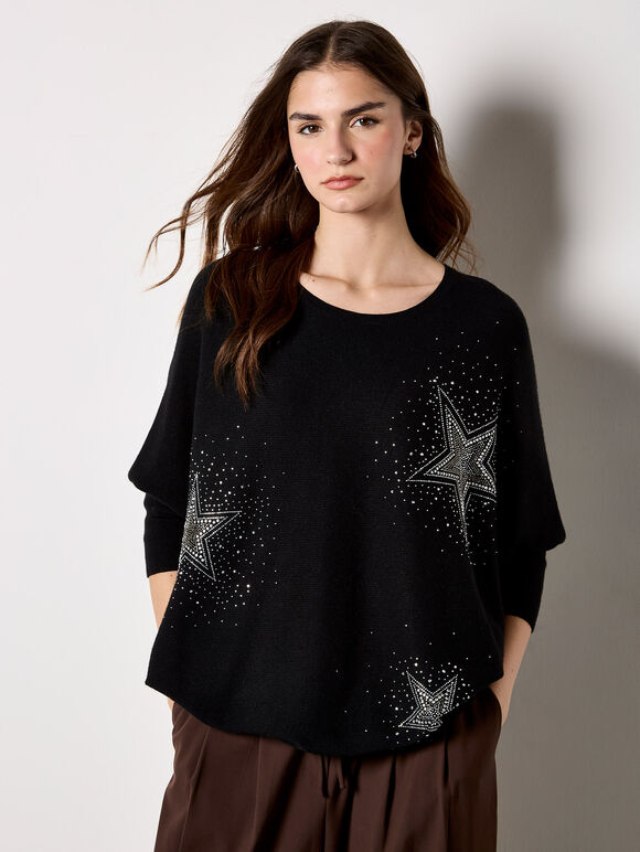 Stud Star Batwing Tunic Jumper, Black, large