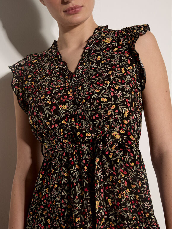 Ruffle Floral Mini Dress, Black, large