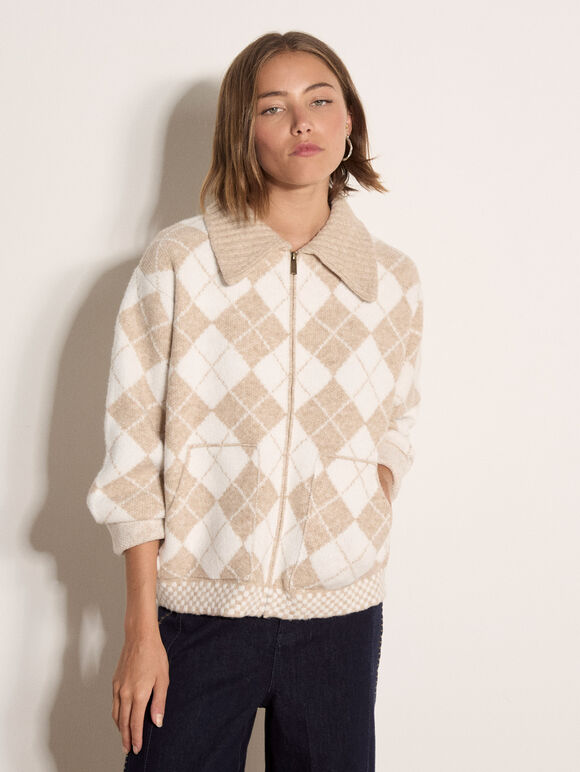 Argyle Zip Cardigan, Cream, large