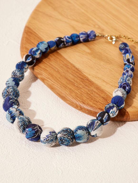 Patterned Fabric Beaded Necklace, Blue, large