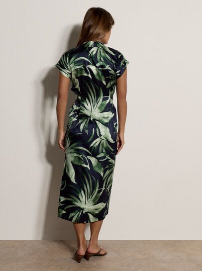 Tropical Leaf Satin Shirt Midi Dress