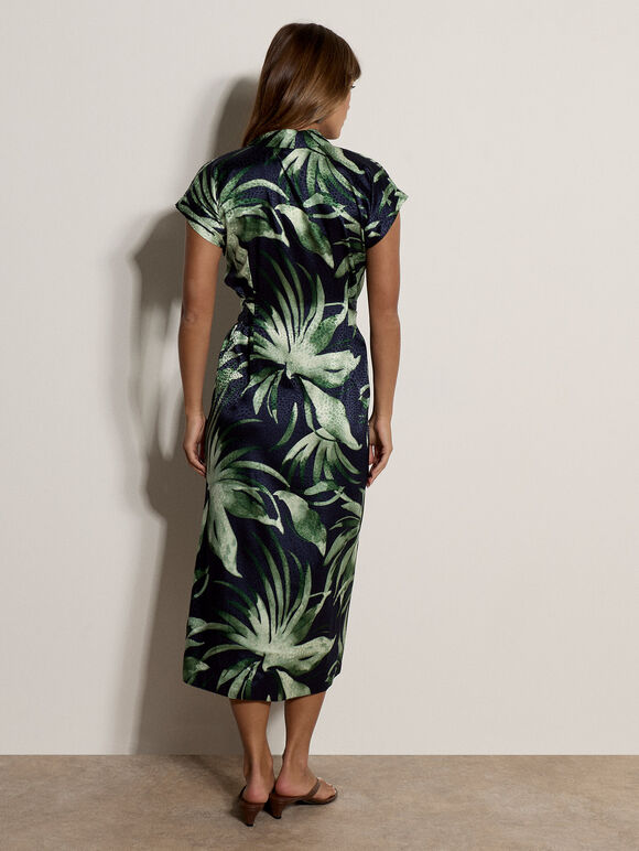 Tropical Leaf Satin Shirt Midi Dress, Navy, large
