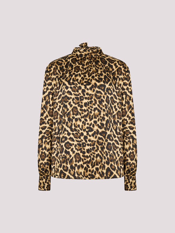 Leopard Print Satin Blouse, Brown, large