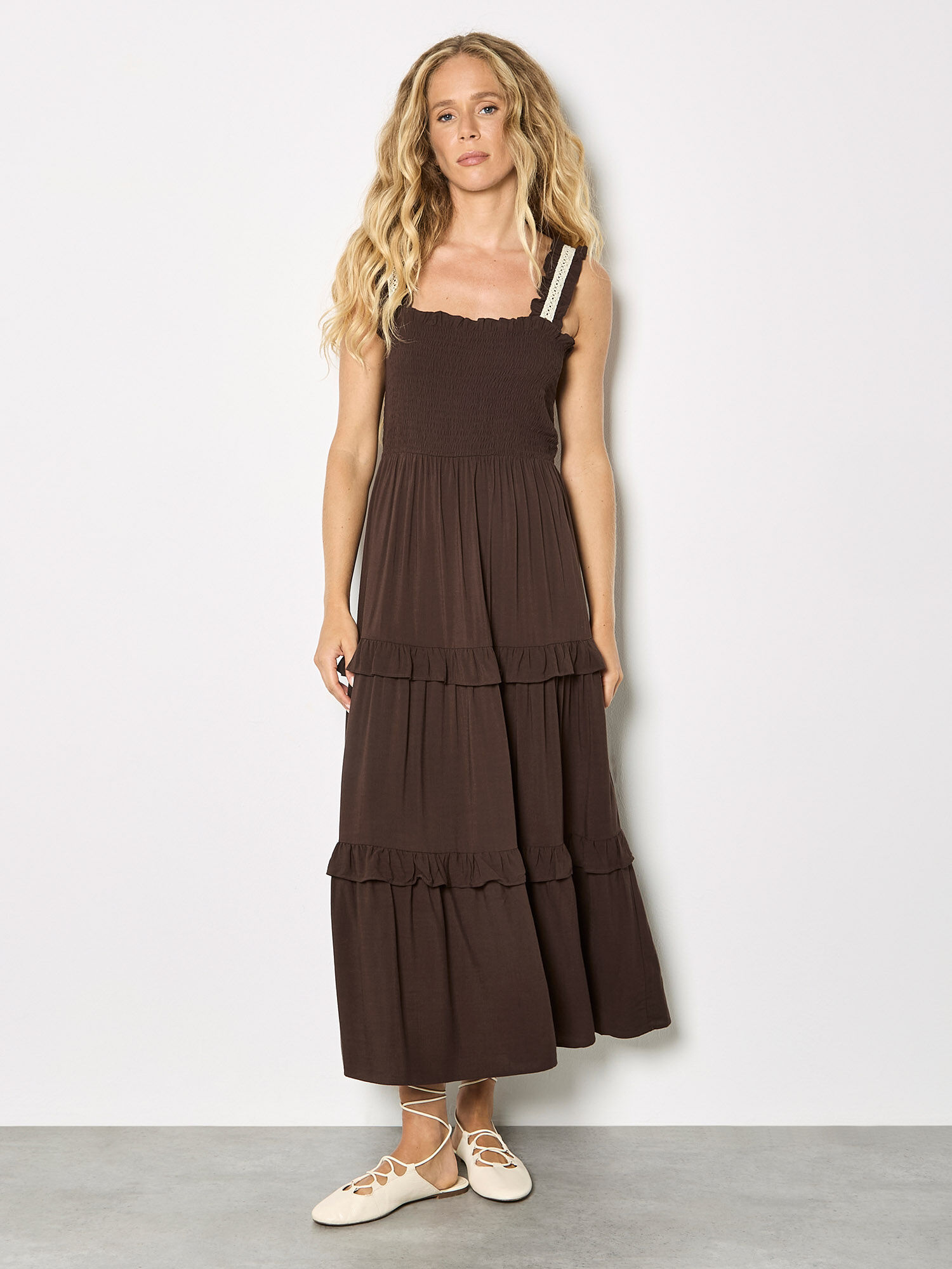 Tiered Lace Trim Midi Dress | Apricot Clothing