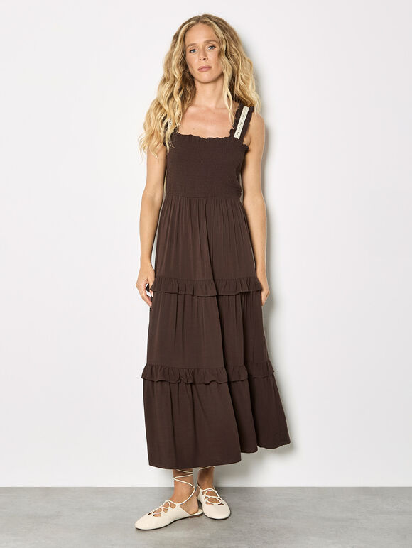 Tiered Lace Trim Midi Dress, Brown, large