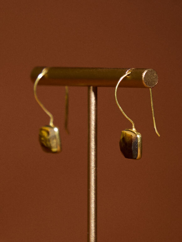 Square Stone Earrings, Brown, large