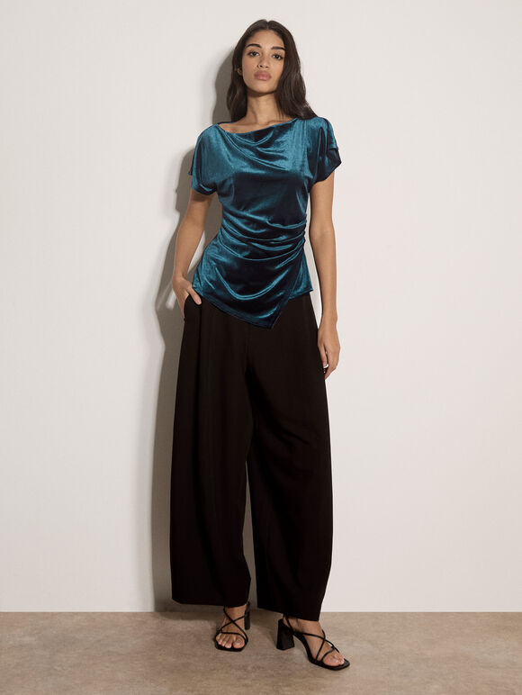 Asymmetric Ruched Velvet Top, Teal, large