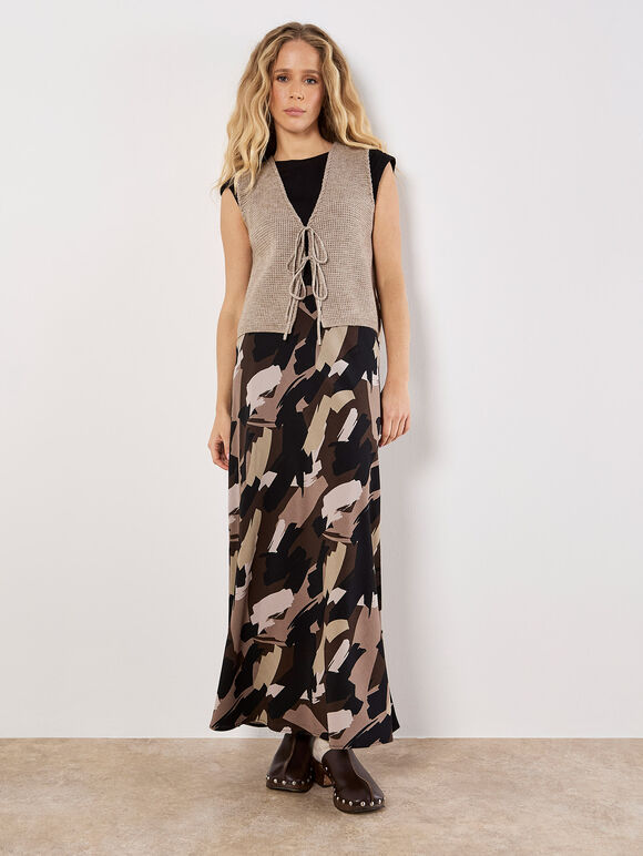 Brushstroke Bias Maxi Skirt, Brown, large