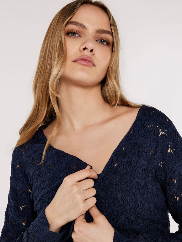 Pointelle Cropped Shrug, Navy, large