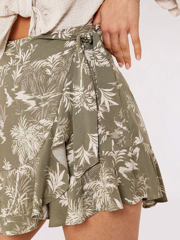 Palm Scene Wrap Skort, Khaki, large