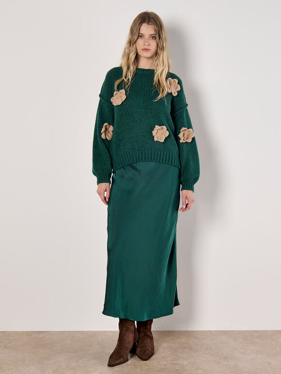 Applique Flower Chunky Knit Jumper, Green, large