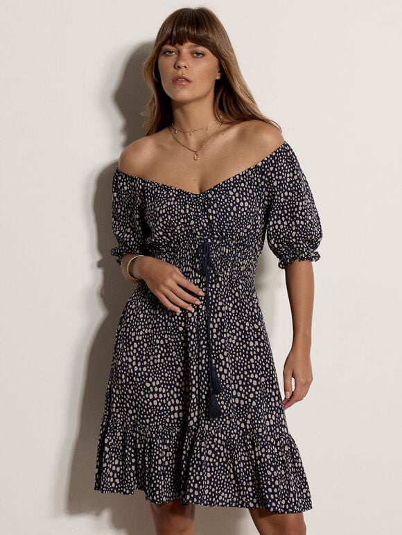 Irregular Spot Bardot Mini Dress, Navy, large