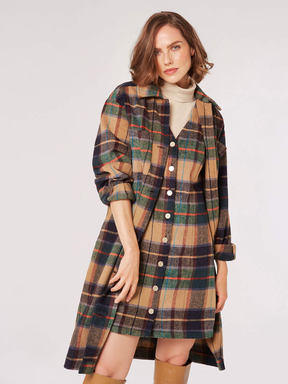 Checked Pinafore Mini Dress, Brown, large