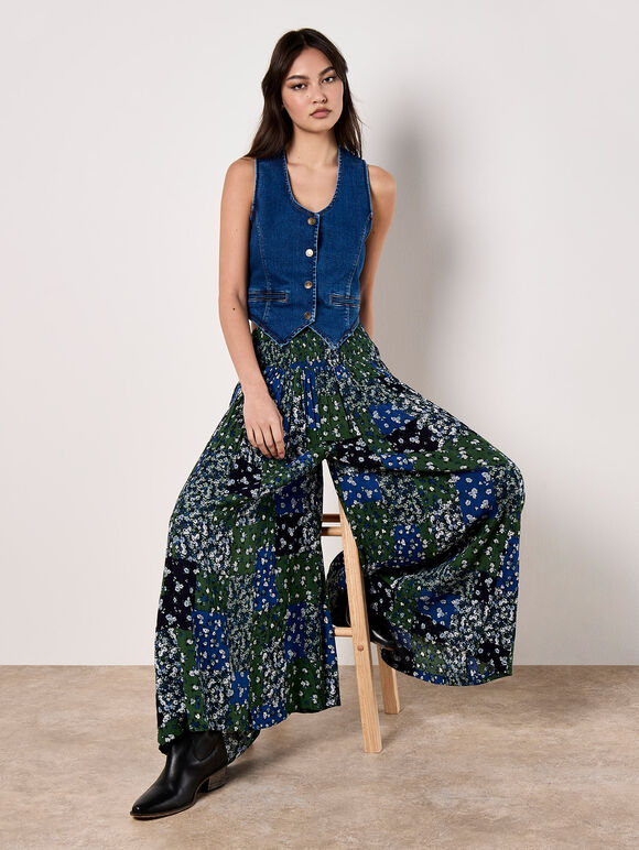 Floral Patchwork Crinkle Wide-Leg Trousers, Navy, large