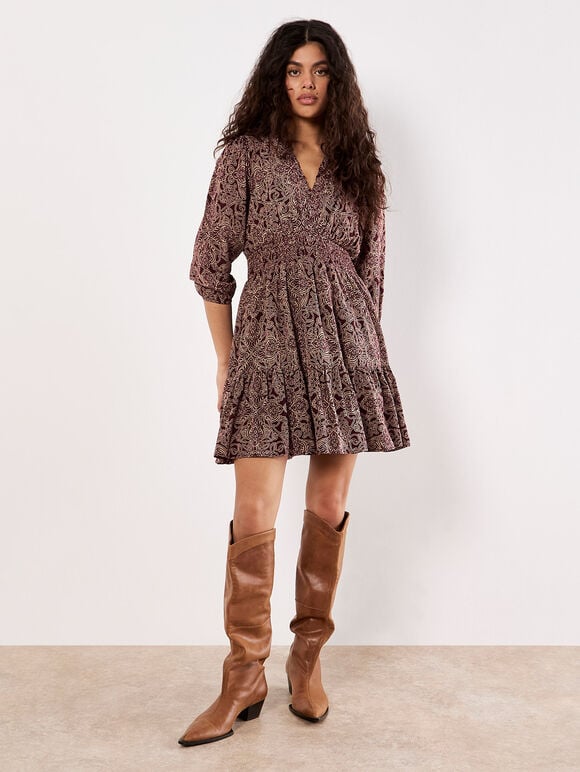 Paisley Ruffle Soft Mini Dress, Burgundy, large