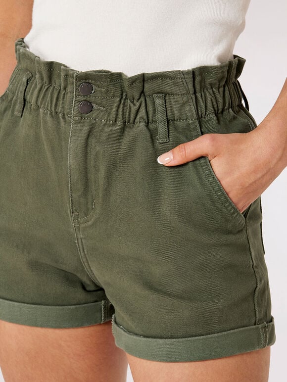 Denim Turn Up Shorts, Khaki, large