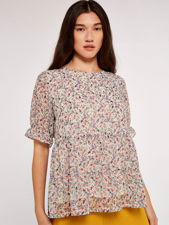  Floral Ruffle Tiered Top, Cream, large