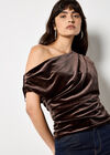 Draped One-Shoulder Asymmetric Velvet Top, Brown, large