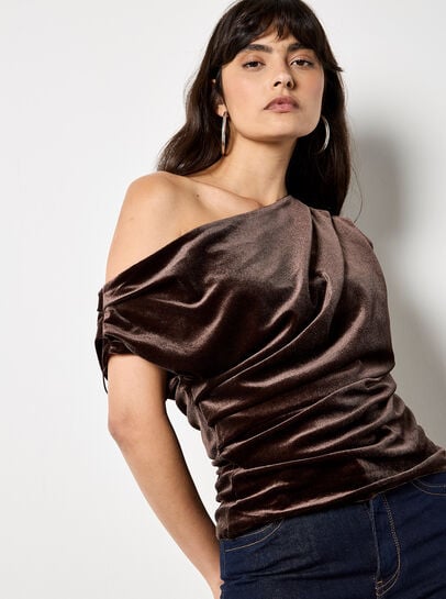Draped One-Shoulder Asymmetric Velvet Top
