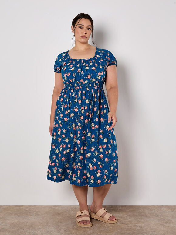 Vintage Rose Milkmaid Midi Dress, Blue, large