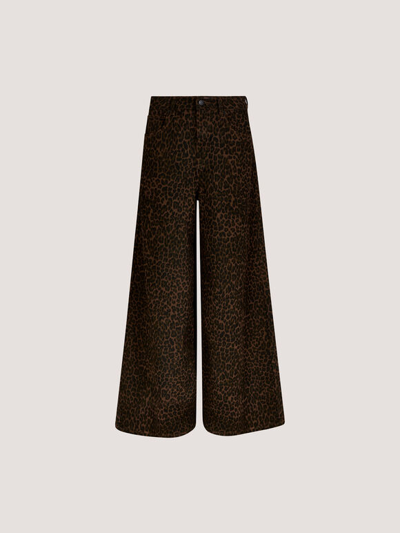 Zoe Wide Leg Leopard Print Jeans, Brown, large