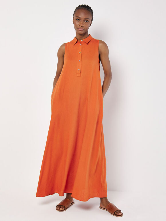 Linen Blend Shirt Maxi Dress, Orange, large