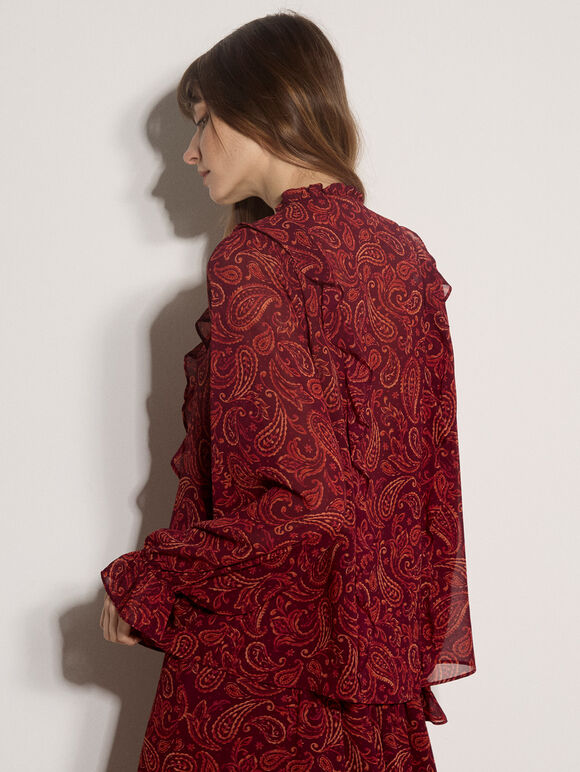 Paisley Chiffon Ruffle Blouse, Burgundy, large