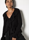 Ruffle Ribbed Knit Cardigan, Black, large