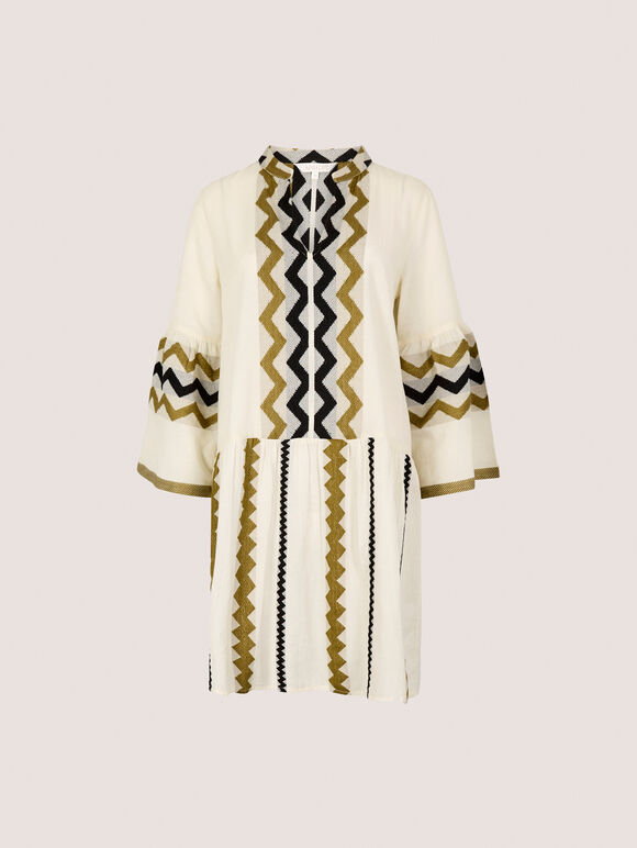 Jacquard Bell Sleeve Dress, Stone, large
