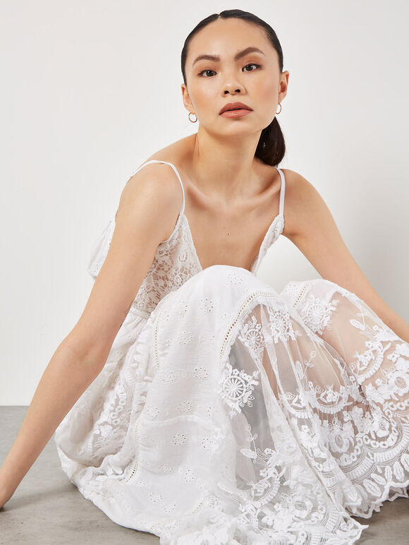 Embroidered Mesh Tiered Maxi Dress, Cream, large